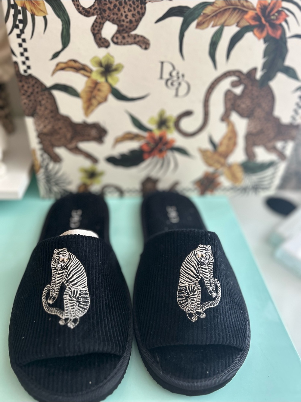 Black Corduroy Slide Slippers with White Embroidered Tiger Desmond & Dempsey